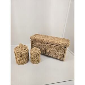 Boho Rattan Storage Basket Trio with Lids Woven Wicker Organizer Set